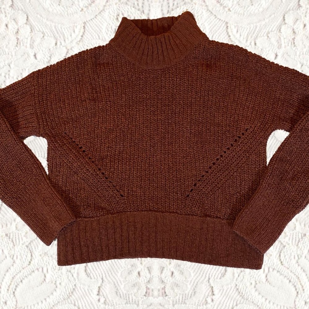 Yummy Chocolate Brown Pink Rose high neck cropped sweater Size Small